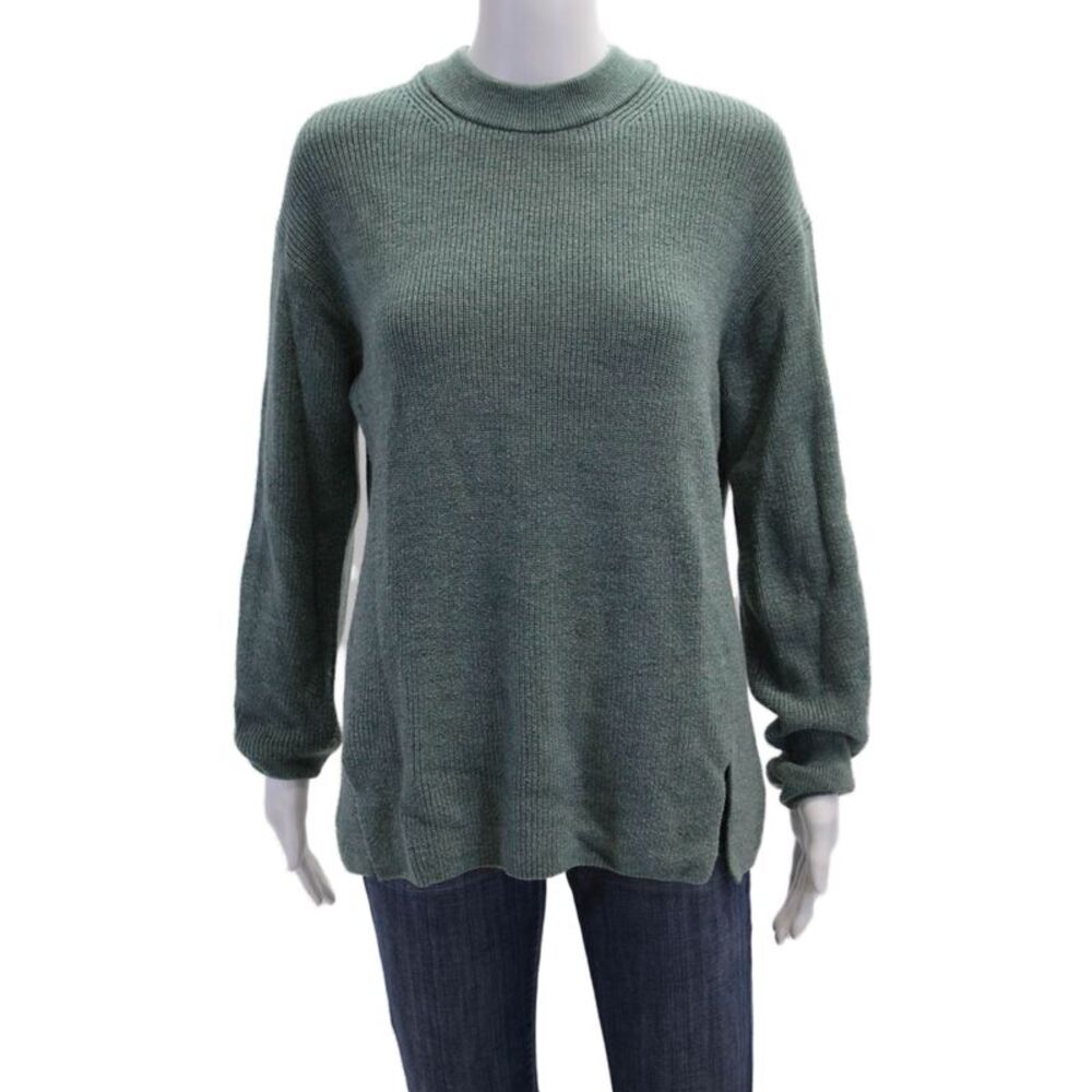 Designer Womens Wool Tight Knit Long Sleeve Side Slit Sweater Green Size M